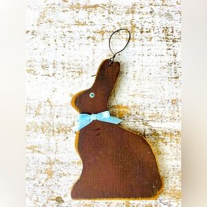 *Distressed Wooden Chocolate Bunny Ornament W/Blue Bow